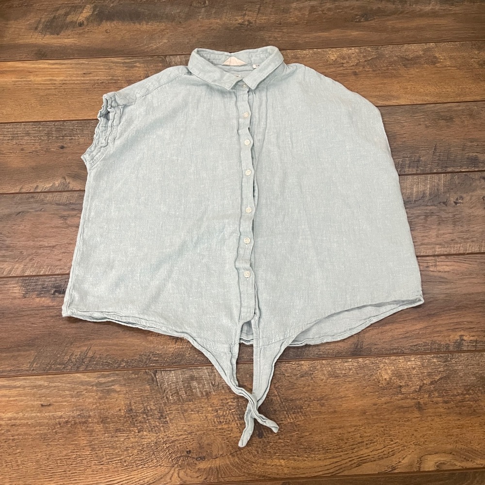 Weatherproof Vintage Blue Linen Blend Tie Front Sleeveless Button Down Shirt L
